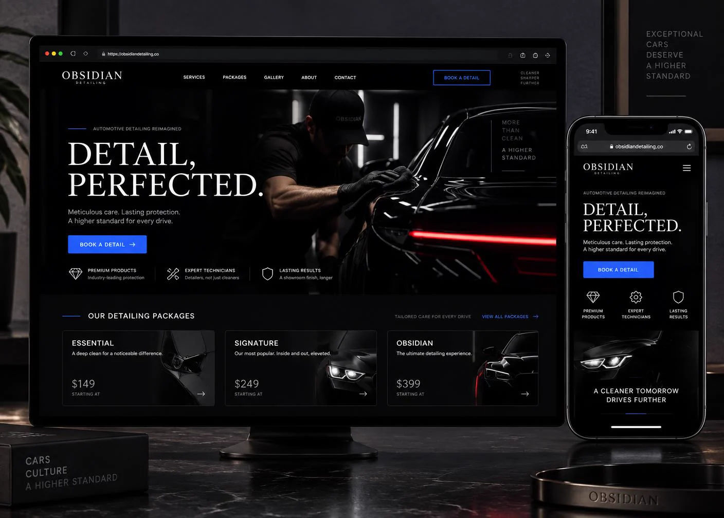 Obsidian Detailing website concept shown on desktop and mobile