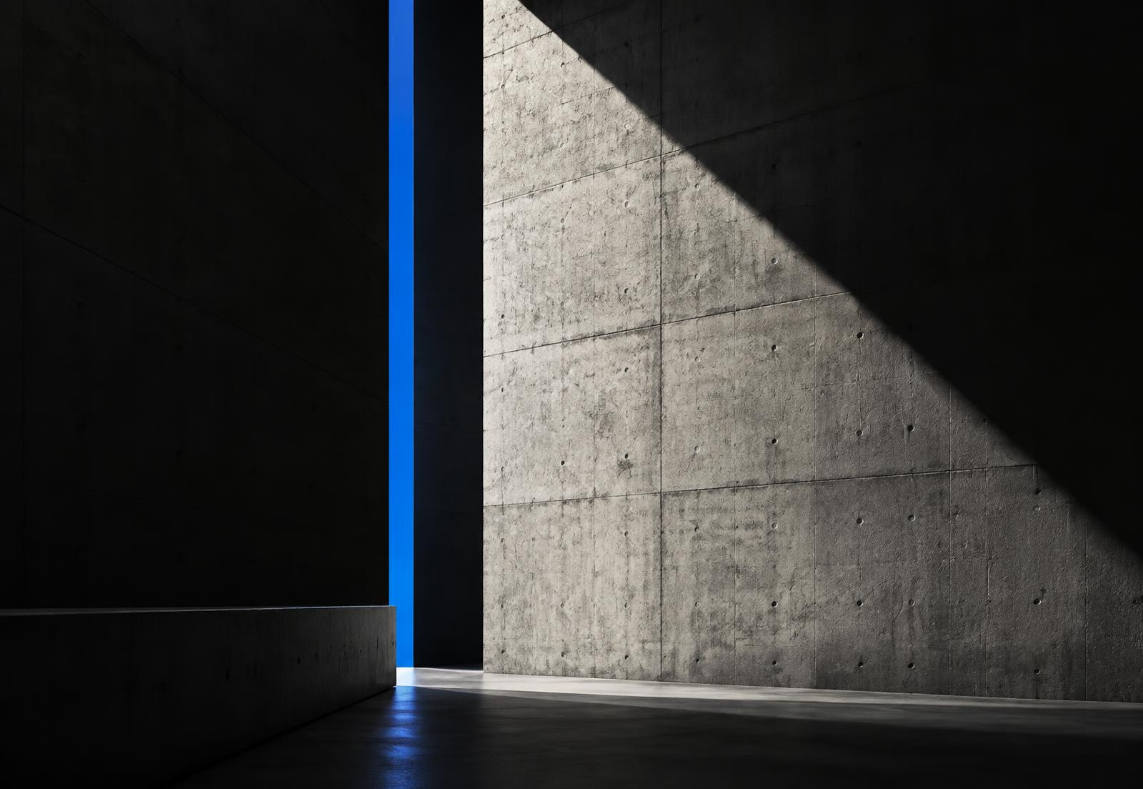 Brutalist architecture cut by a line of blue light